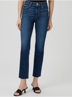 PAIGE ‘Cindy’ stretch denim high rise slim straight jeans raw chew hem 27